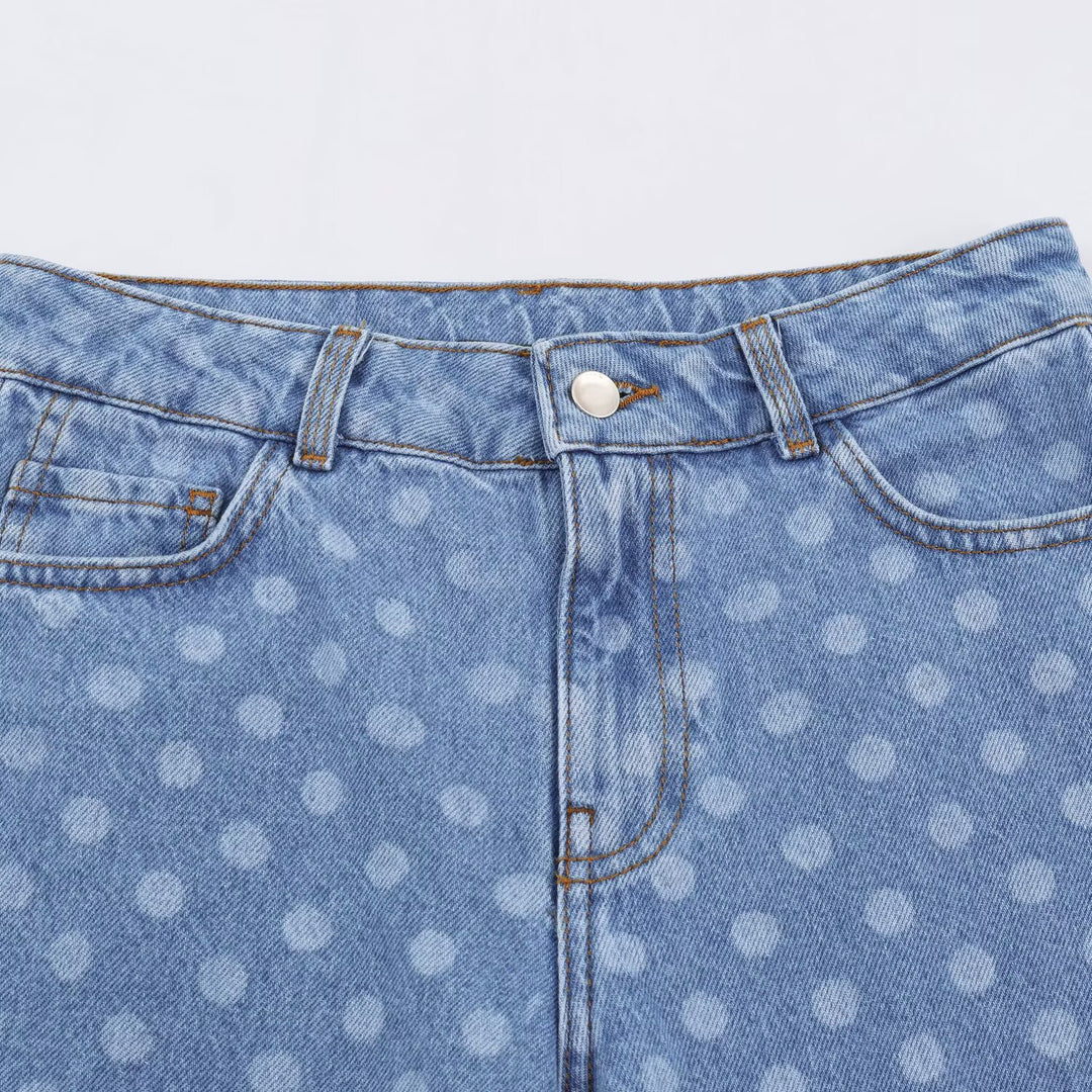 Women Short-Cut Wide-Leg Jeans with Polka Dot Pattern and High Waist Mune Fashion