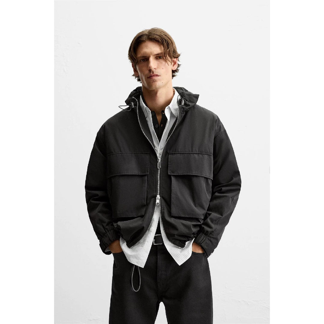 Men's short-cut hooded blouson jacket with patch pockets and two-way zipper Mune Fashion
