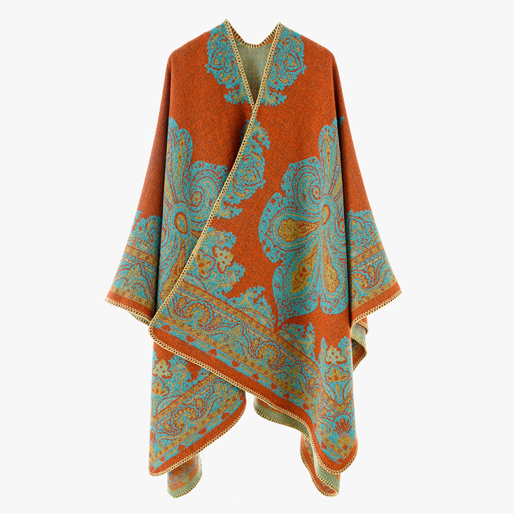 Women Oversize-Oriental Jacquard Cover-Up with Paisley Medallion and Decorative Stitch Mune Fashion