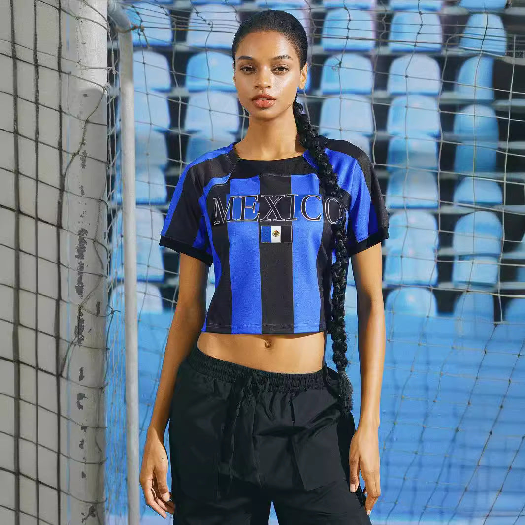 Ladies non-belly-free retro football jersey with MEXICO lettering and flag patch Mune Fashion