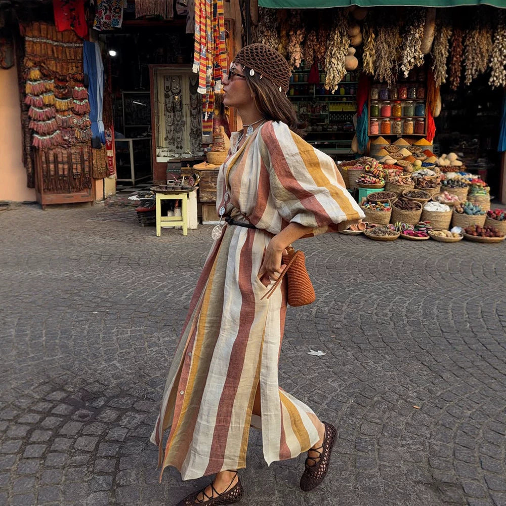 Women's Striped Linen Maxi Dress in Boho Style with Balloon Sleeves, Side Slit and Waist Belt Mune Fashion