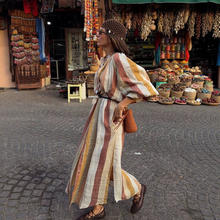 Women's Striped Linen Maxi Dress in Boho Style with Balloon Sleeves, Side Slit and Waist Belt Mune Fashion