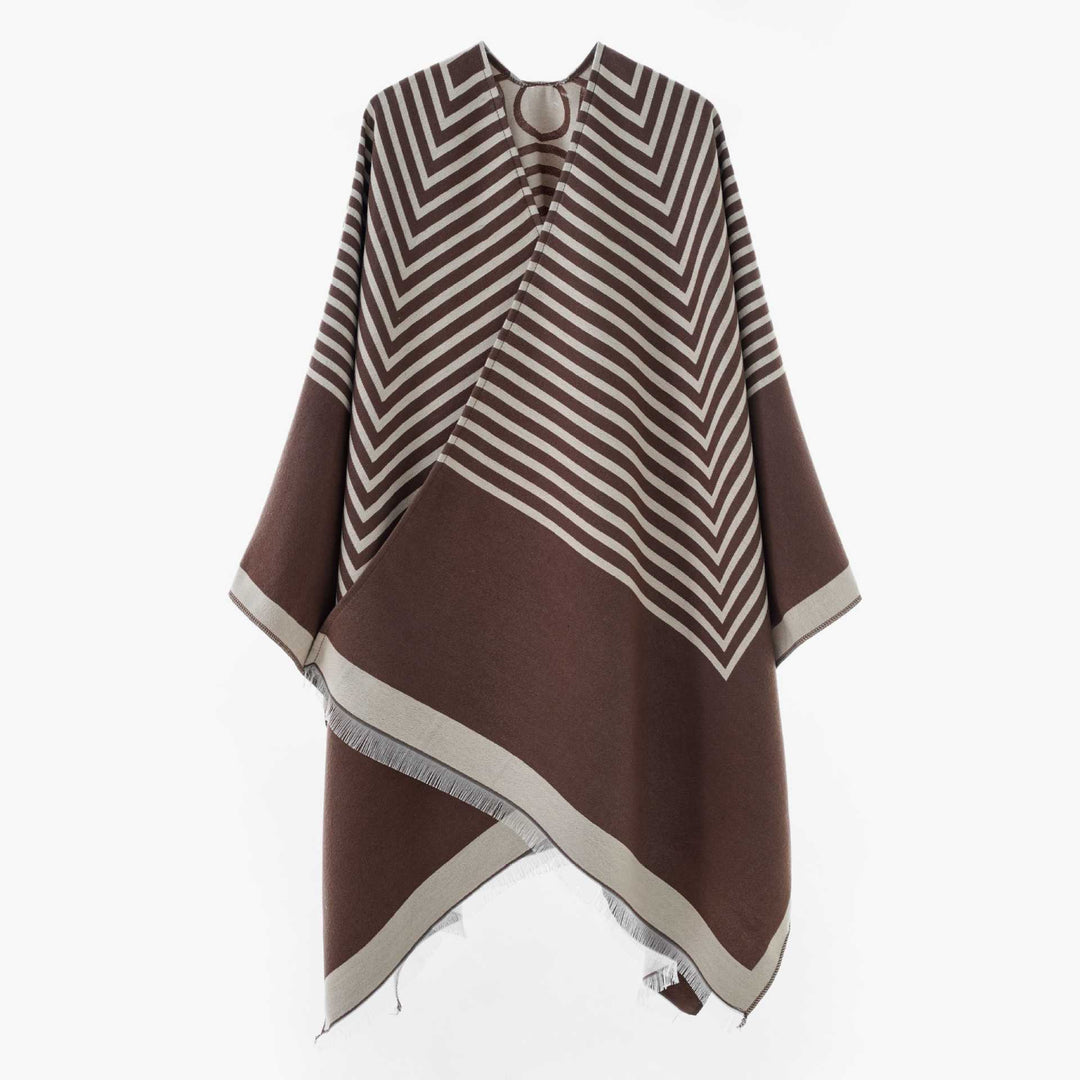 Women's Oversized Poncho made of wool blend in chevron jacquard with open V-neck Mune Fashion