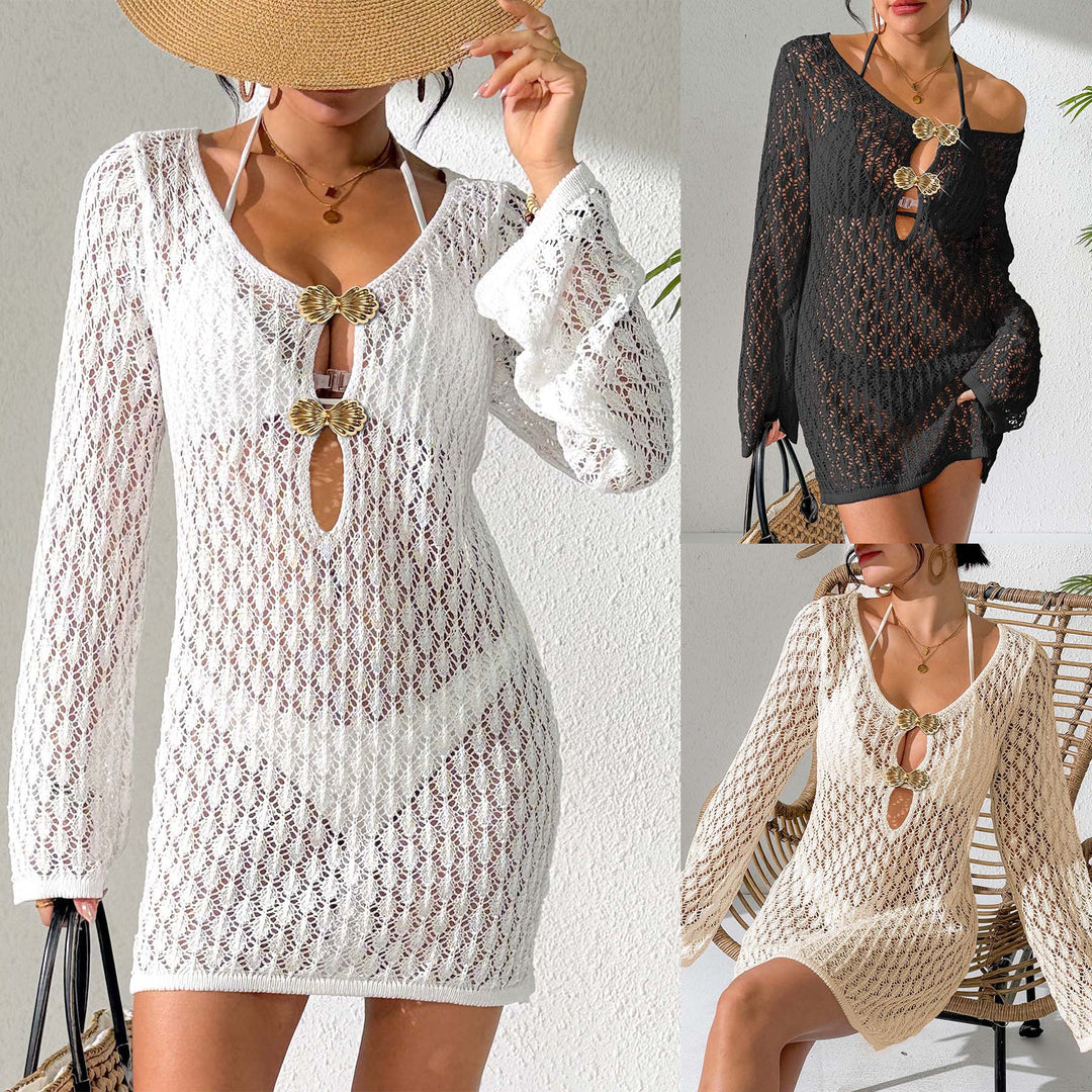Women's Crochet Beach Dress with Deep V-Neck and Elegant Buttons Mune Fashion