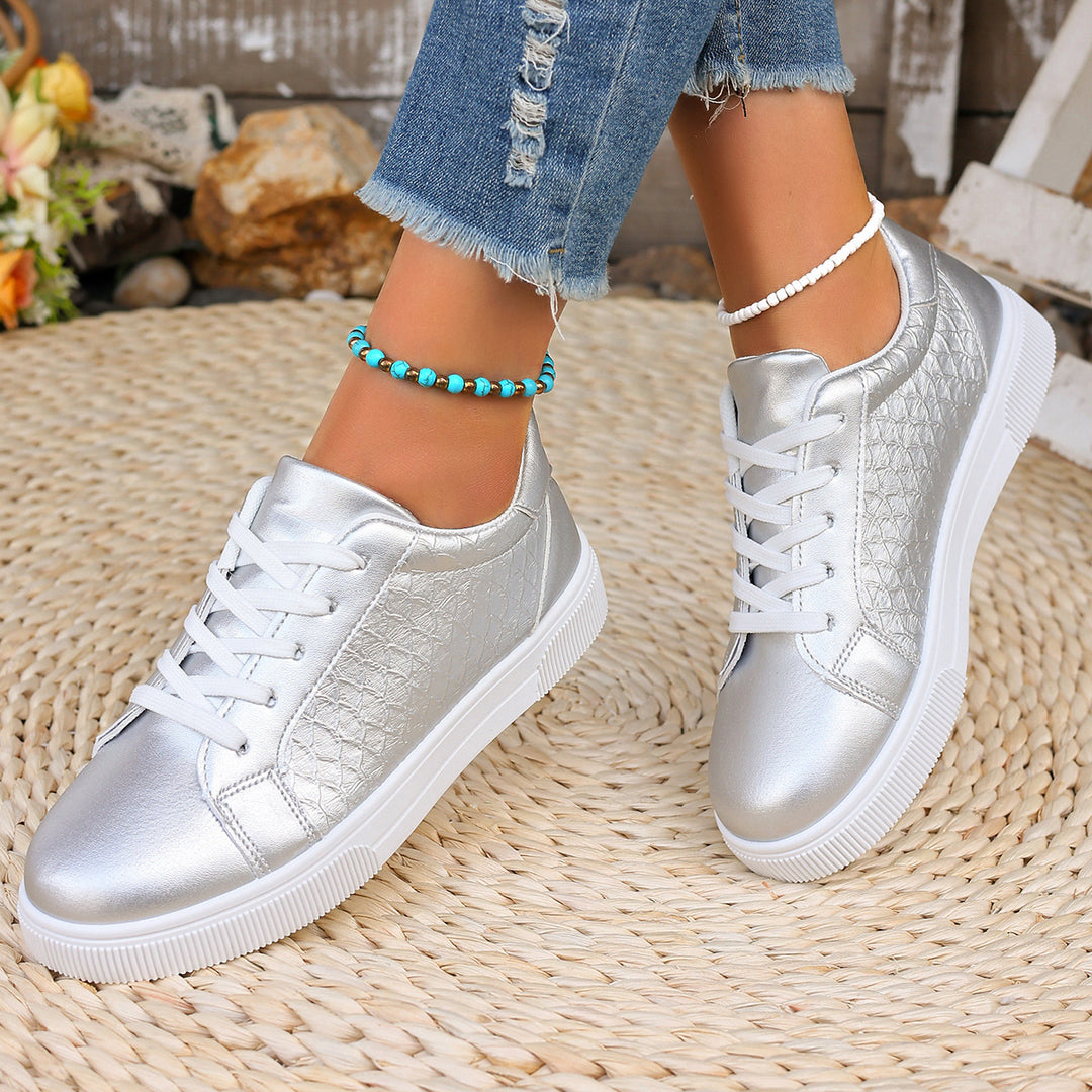 Women Shiny Sneakers with Crocodile Embossing, Padded Insole and Slip-Resistant Profile Sole Mune Fashion