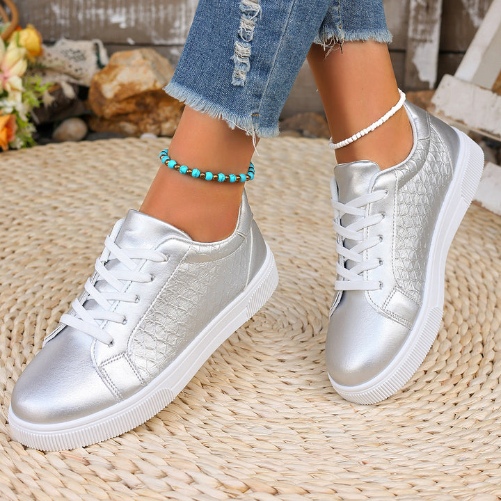Women Shiny Sneakers with Crocodile Embossing, Padded Insole and Slip-Resistant Profile Sole Mune Fashion