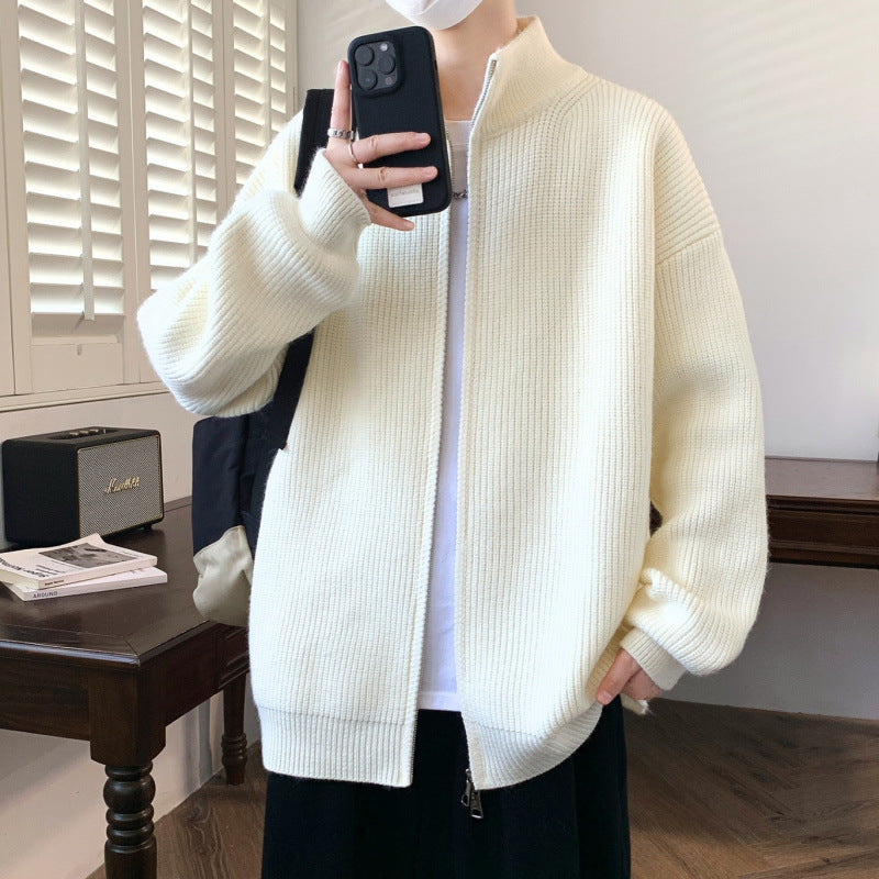 Men's Oversized Knit Zip Jacket with High Stand-Up Collar and Fine Rib Structure Mune Fashion