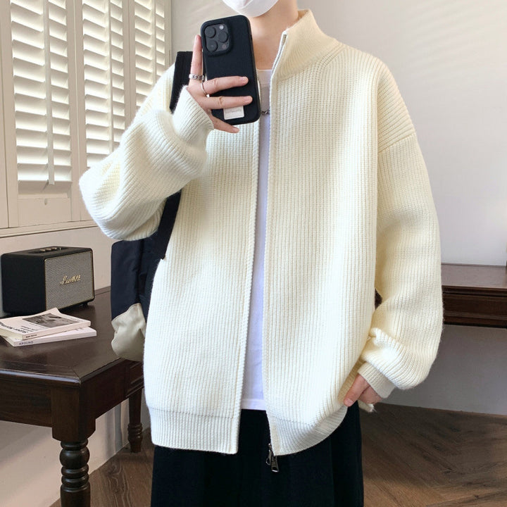 Men's Oversized Knit Zip Jacket with High Stand-Up Collar and Fine Rib Structure Mune Fashion