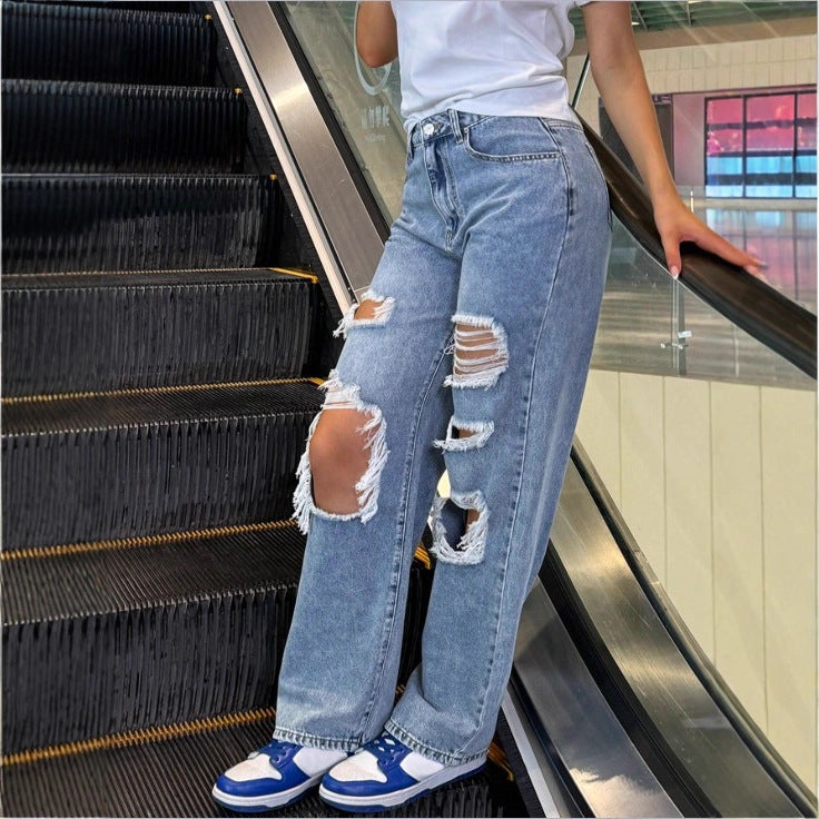 Women's High-Waist Baggy Jeans with large knee rips and straight leg Mune Fashion
