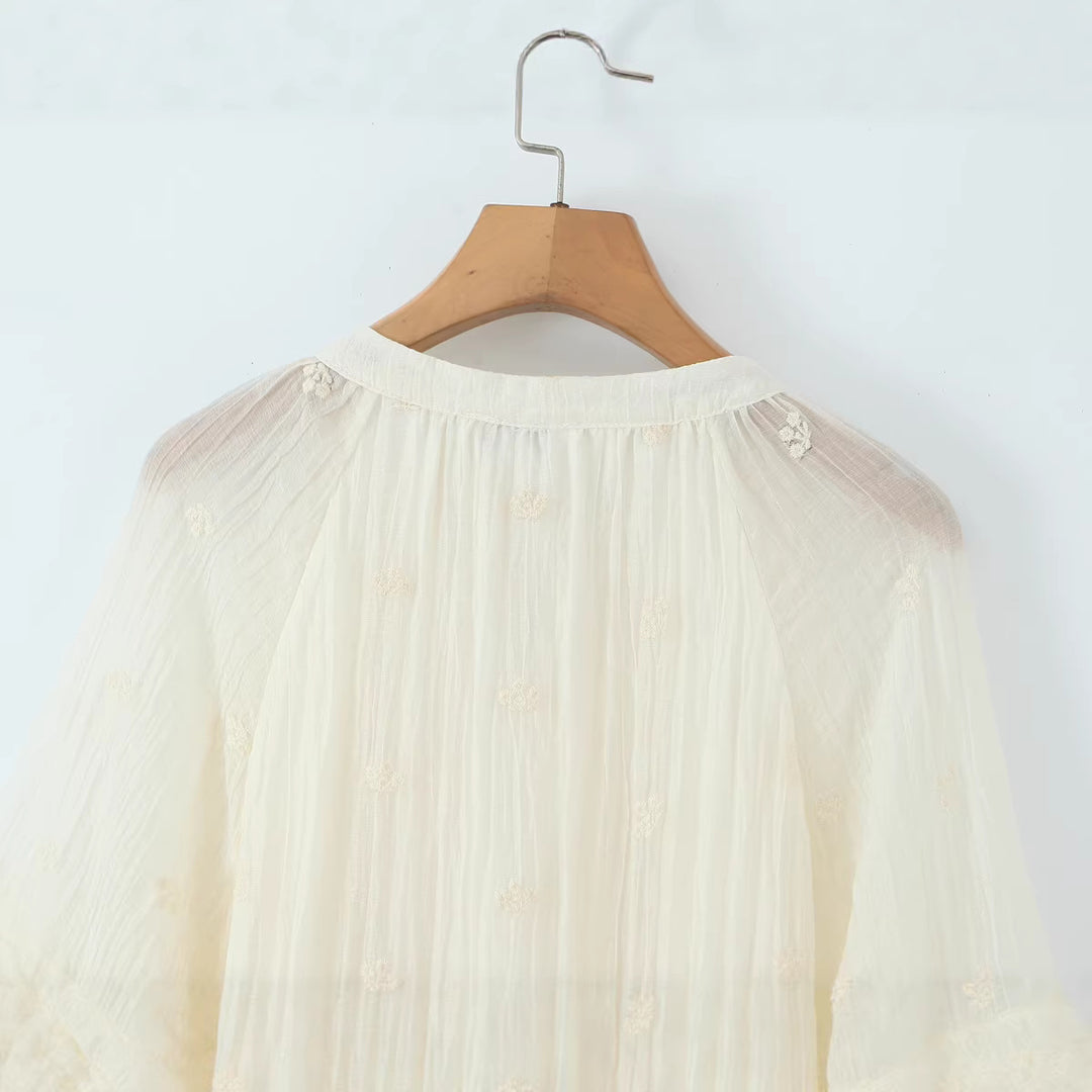 Women Voluminous Boho Mini Dress with Ruffles, Trumpet Sleeves and Tassel Band Mune Fashion