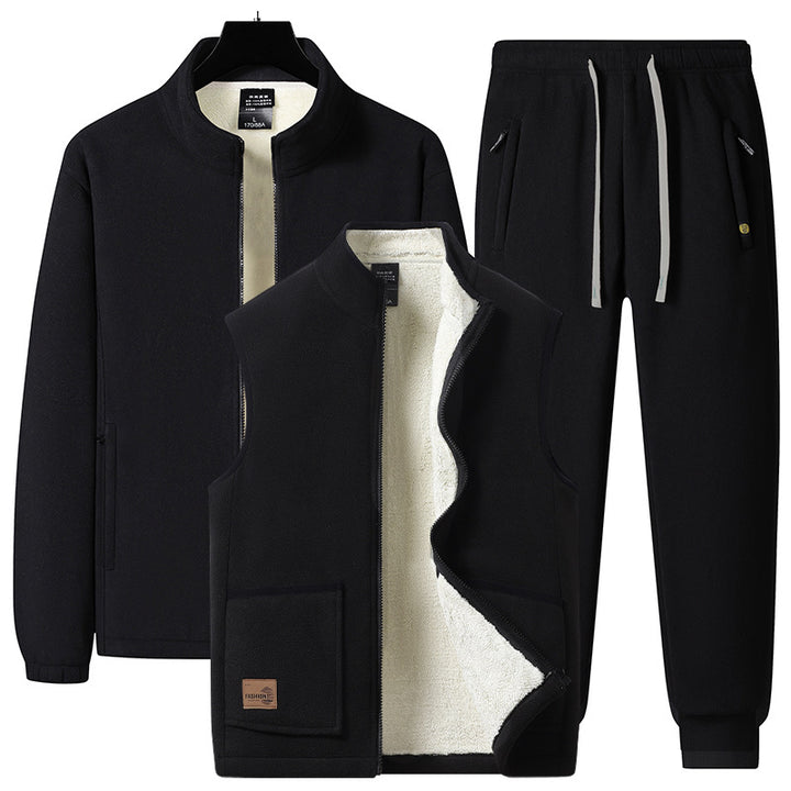 Men's three-piece fleece set with padded vest, stand-up collar jacket, and joggers Mune Fashion