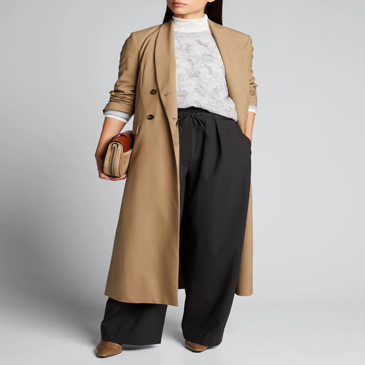 Women's Maxi Long Single-Breasted Long Coat in Minimalist Trench Style with Soft Draping Mune Fashion