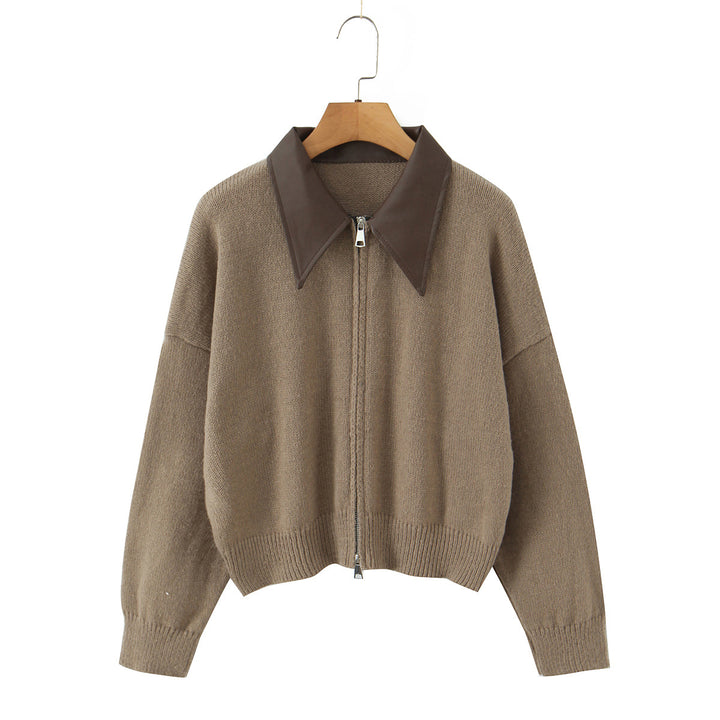 Women's 10+ Oversized Cardigan with Two-Way Zipper and Pointed Contrast Collar Mune Fashion
