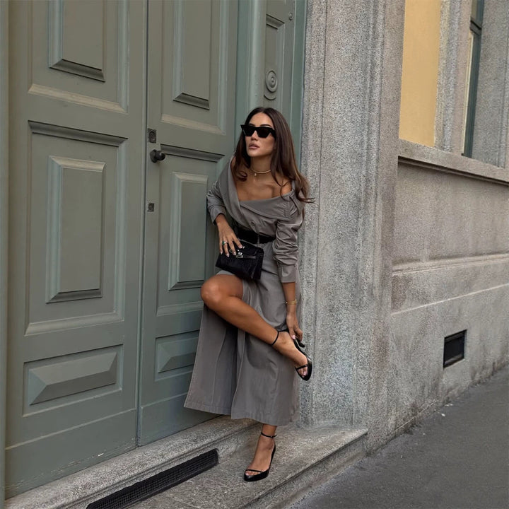 Women Off-Shoulder Trench Dress with Double-Breasted Button Placket and Fitted Patent Belt Mune Fashion