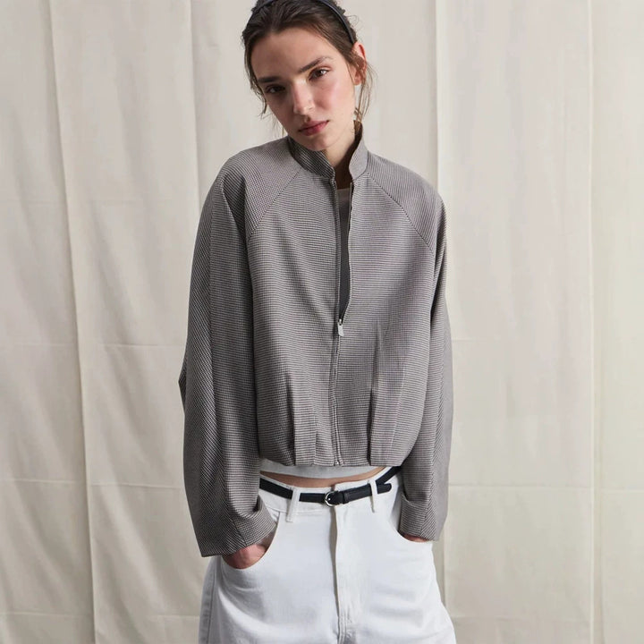 Women's short bomber jacket with raglan sleeves, stand-up collar, and fine houndstooth pattern Mune Fashion