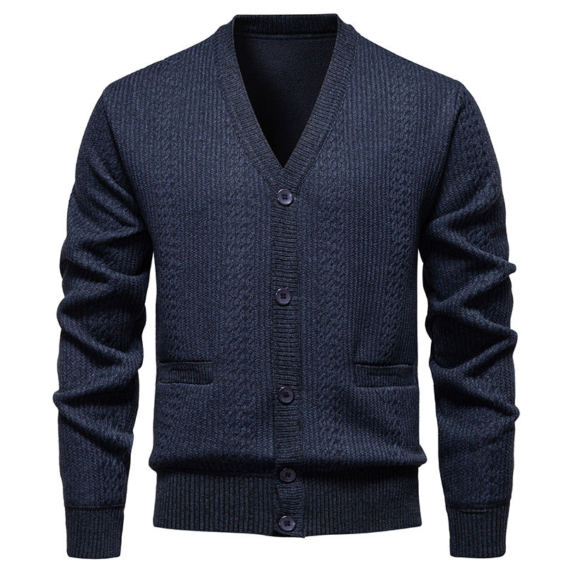 Men's Textured V-Neck Knit Cardigan with Button Placket and Pockets Mune Fashion