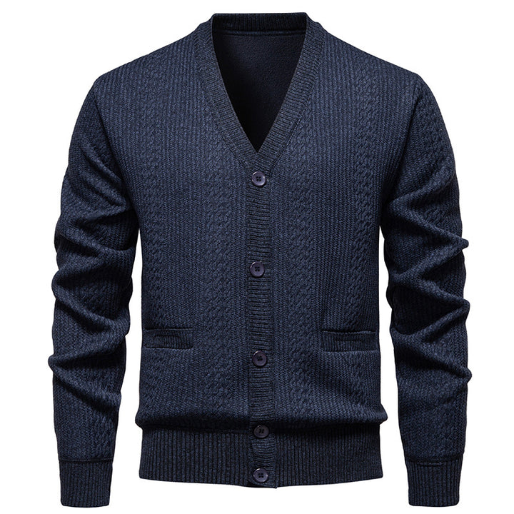 Men's Textured V-Neck Knit Cardigan with Button Placket and Pockets Mune Fashion