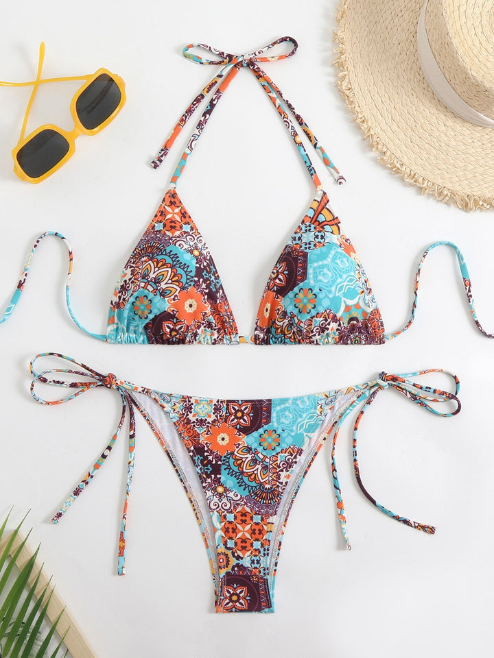 Women's Triangle Bikini Set with Playful Floral Pattern and Fine Ties Mune Fashion