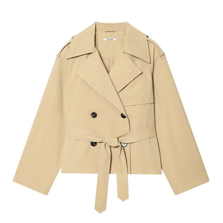 Women's Cropped double-breasted trench blazer with tie belt and epaulettes Mune Fashion
