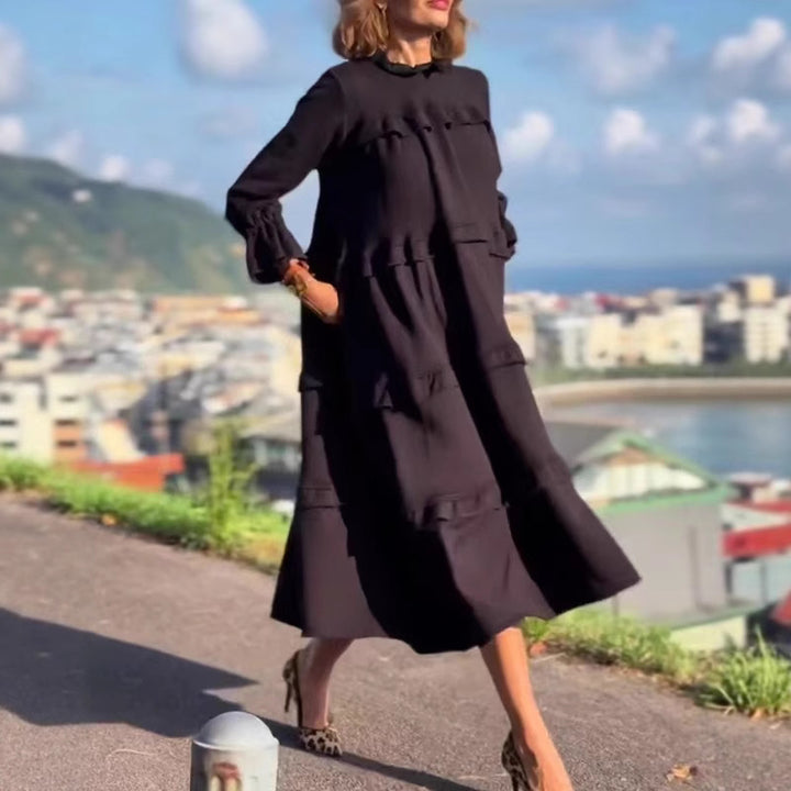 Women's nan castiges tiered midi dress with ruffled collar, gathered cuffs, and hidden side pockets Mune Fashion