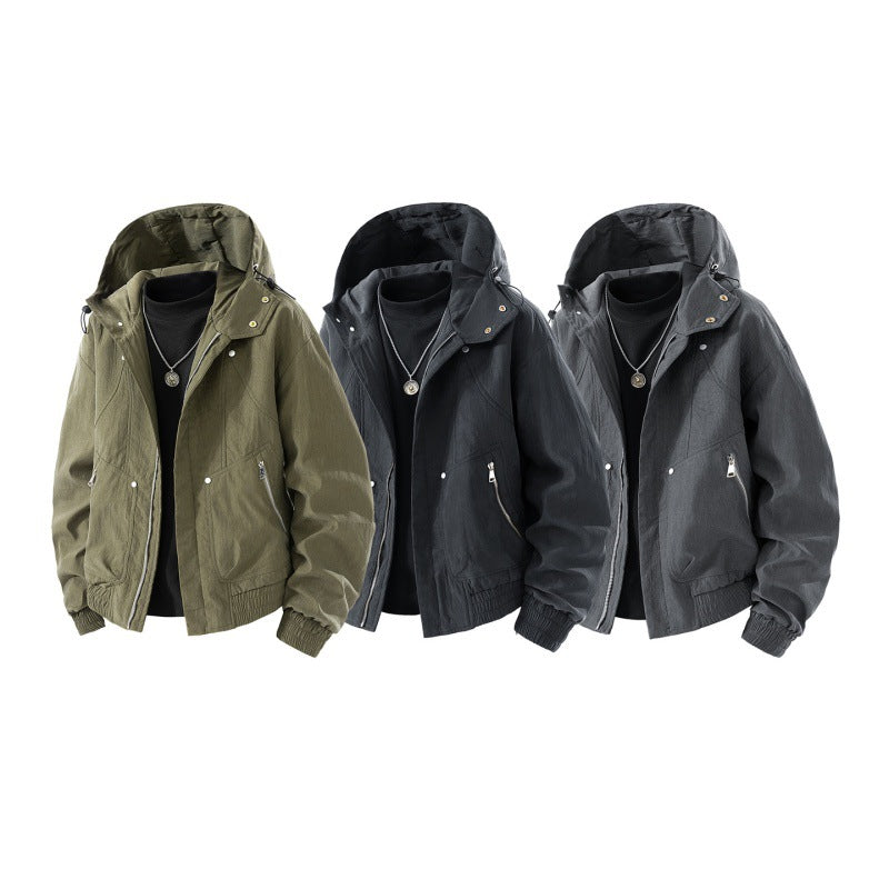 Men's lightweight utility hooded jacket with stowable hood, water-repellent coating, zippered pockets, and elastic cuffs Mune Fashion