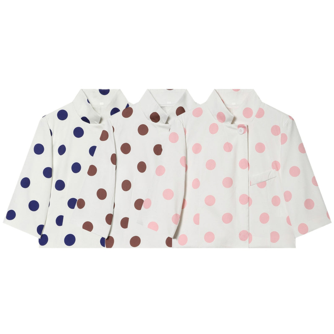 Women Polka Dot Cropped Boxy Jacket with Stand Collar and Three-Quarter Sleeves Mune Fashion