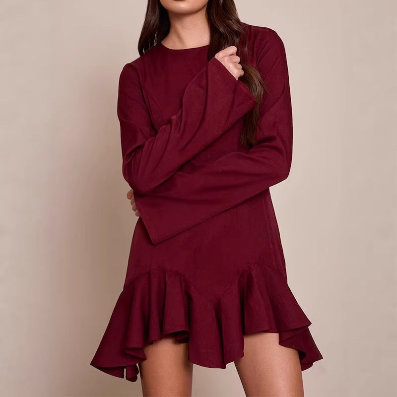 Women's Figure-Hugging Long Sleeve Mini Dress with Tailored Seams and Ruffle Hem