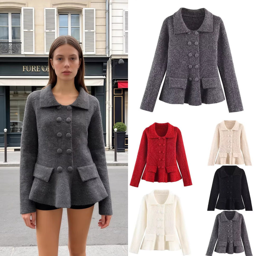 Women's structured cardigan with double-breasted design, waist-defining peplum, and patch pockets Mune Fashion