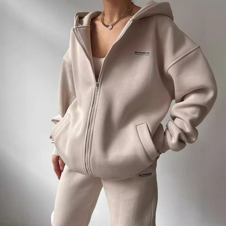 Women's Oversized Hooded Sweat Jacket with Zipper and High-Waist Jogging Pants Set Mune Fashion