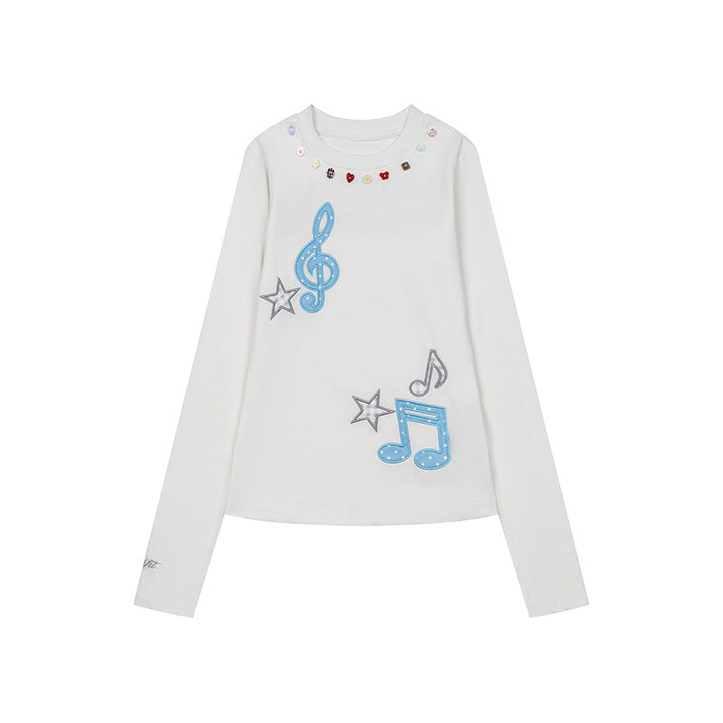 Women's long sleeve shirt with sequin collar and music note appliqués Mune Fashion