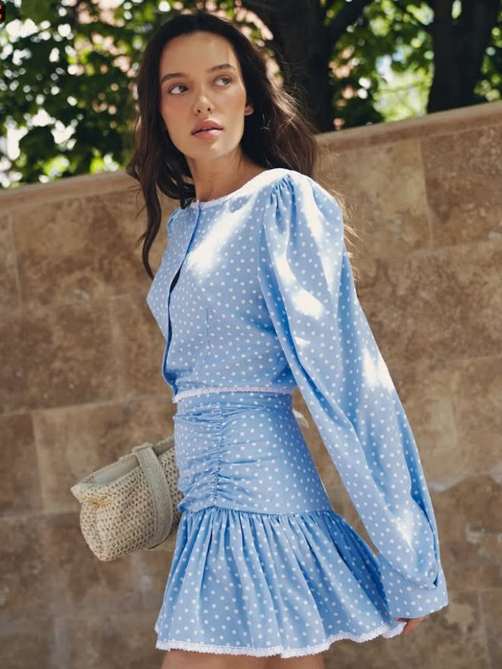 Women's Playful Polka Dot Two-Piece with Ruffled Mini Skirt and Puff Sleeves Mune Fashion