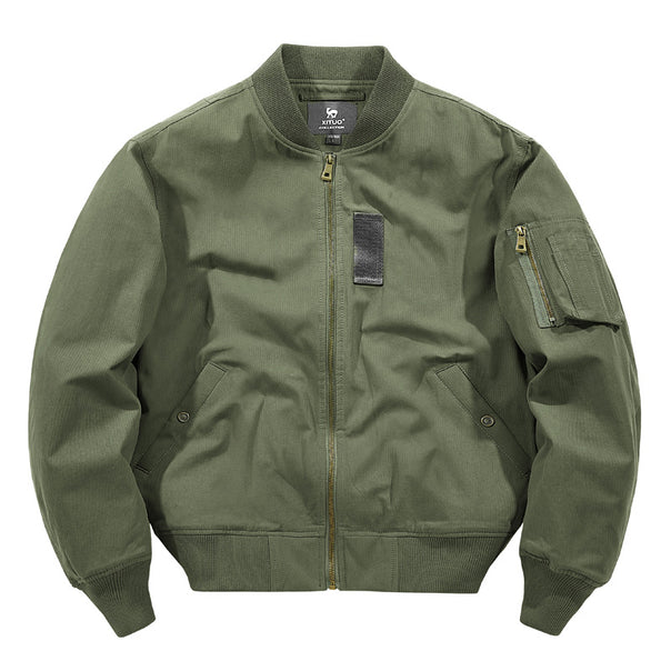 Men's  rugged cotton-twill flight bomber jacket with utility sleeve pocket and reinforced ribbed trims Mune Fashion