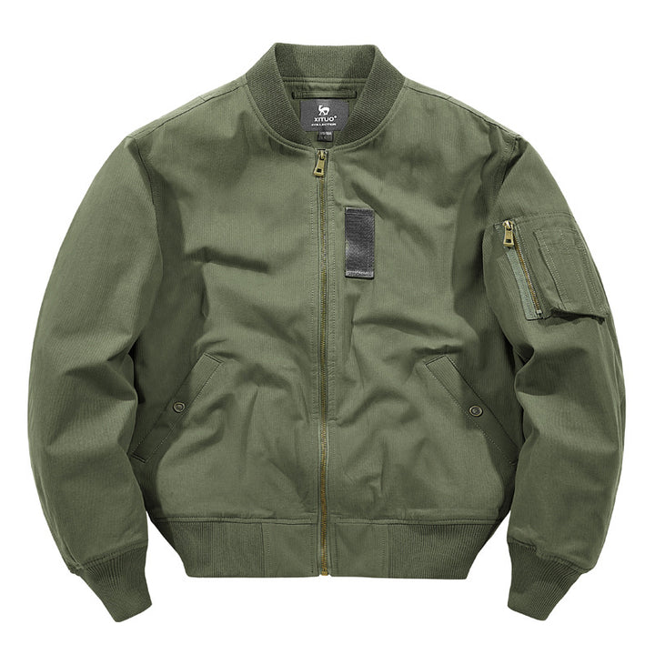 Men's  rugged cotton-twill flight bomber jacket with utility sleeve pocket and reinforced ribbed trims Mune Fashion