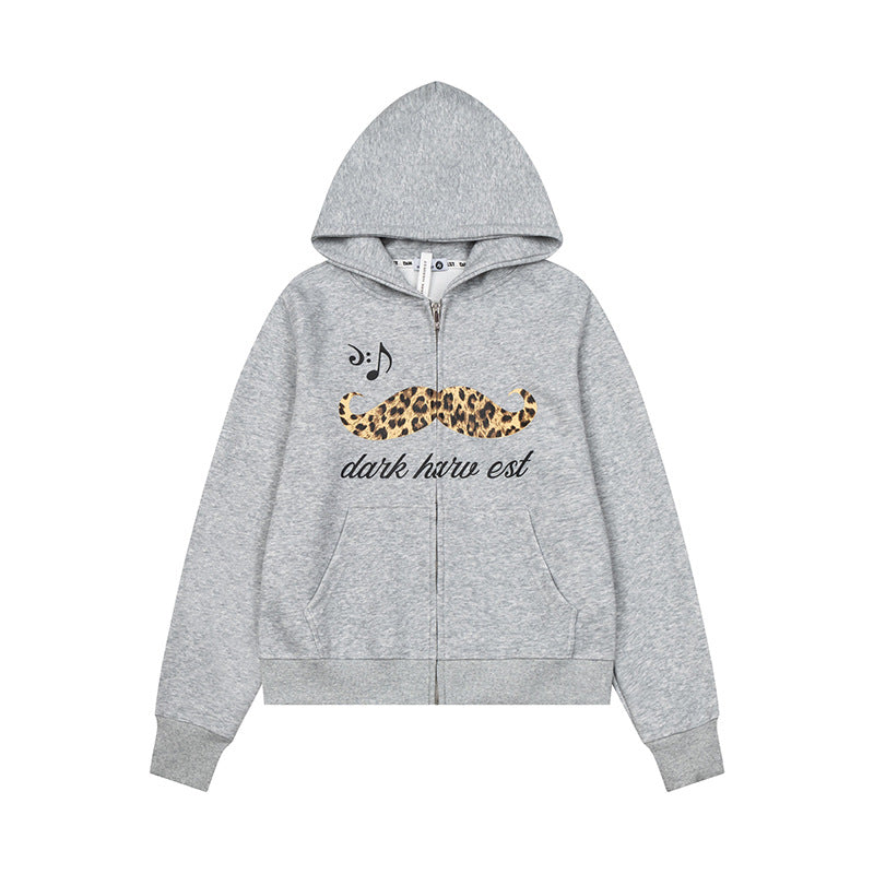 Women's hooded sweatshirt jacket with full zip, kangaroo pockets and playful leopard mustache print Mune Fashion