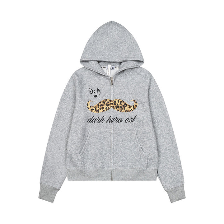 Women's hooded sweatshirt jacket with full zip, kangaroo pockets and playful leopard mustache print Mune Fashion