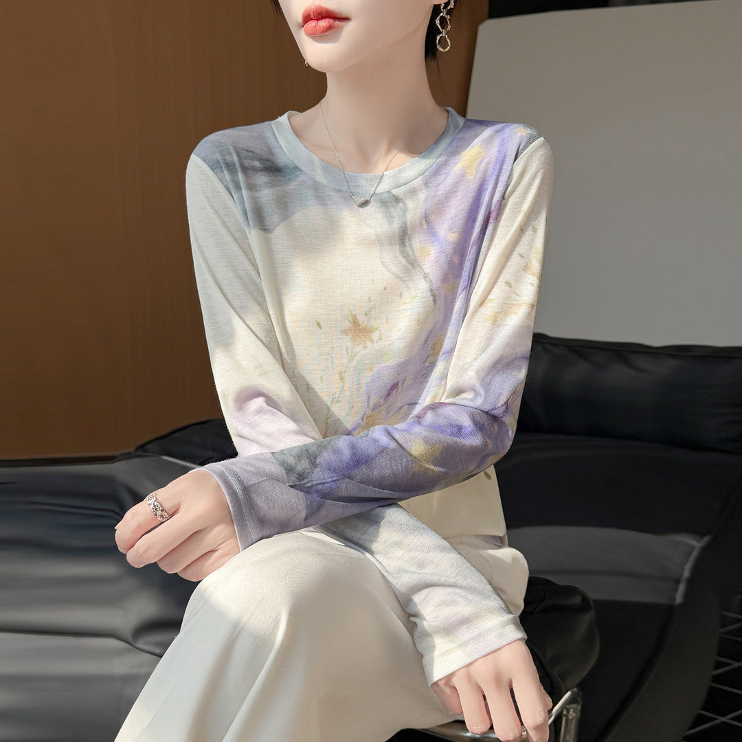 Ladies Lightweight Long Sleeve Shirt made of Viscose Mix with Watercolor Print and Round Neckline Mune Fashion