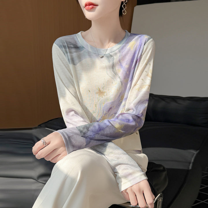 Ladies Lightweight Long Sleeve Shirt made of Viscose Mix with Watercolor Print and Round Neckline Mune Fashion