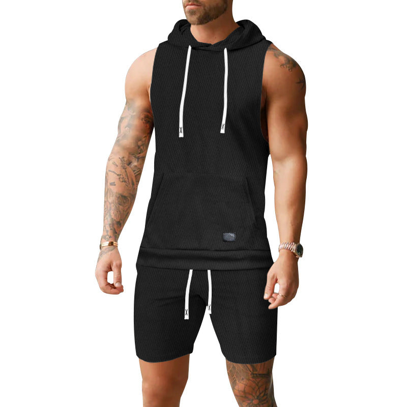 Men's sleeveless hoodie vest set made of textured cotton blend with kangaroo pocket and drawstring shorts Mune Fashion