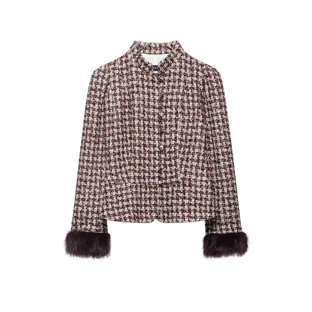 Women Boucle-Tweed Jacket with Stand-up Collar and Faux Fur Cuffs Mune Fashion