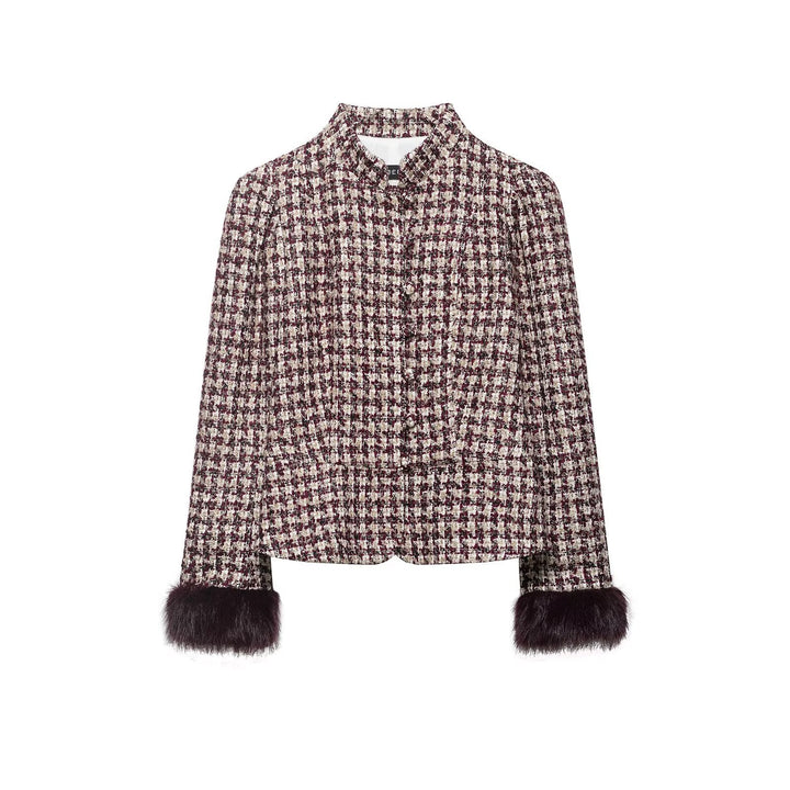 Women Boucle-Tweed Jacket with Stand-up Collar and Faux Fur Cuffs Mune Fashion