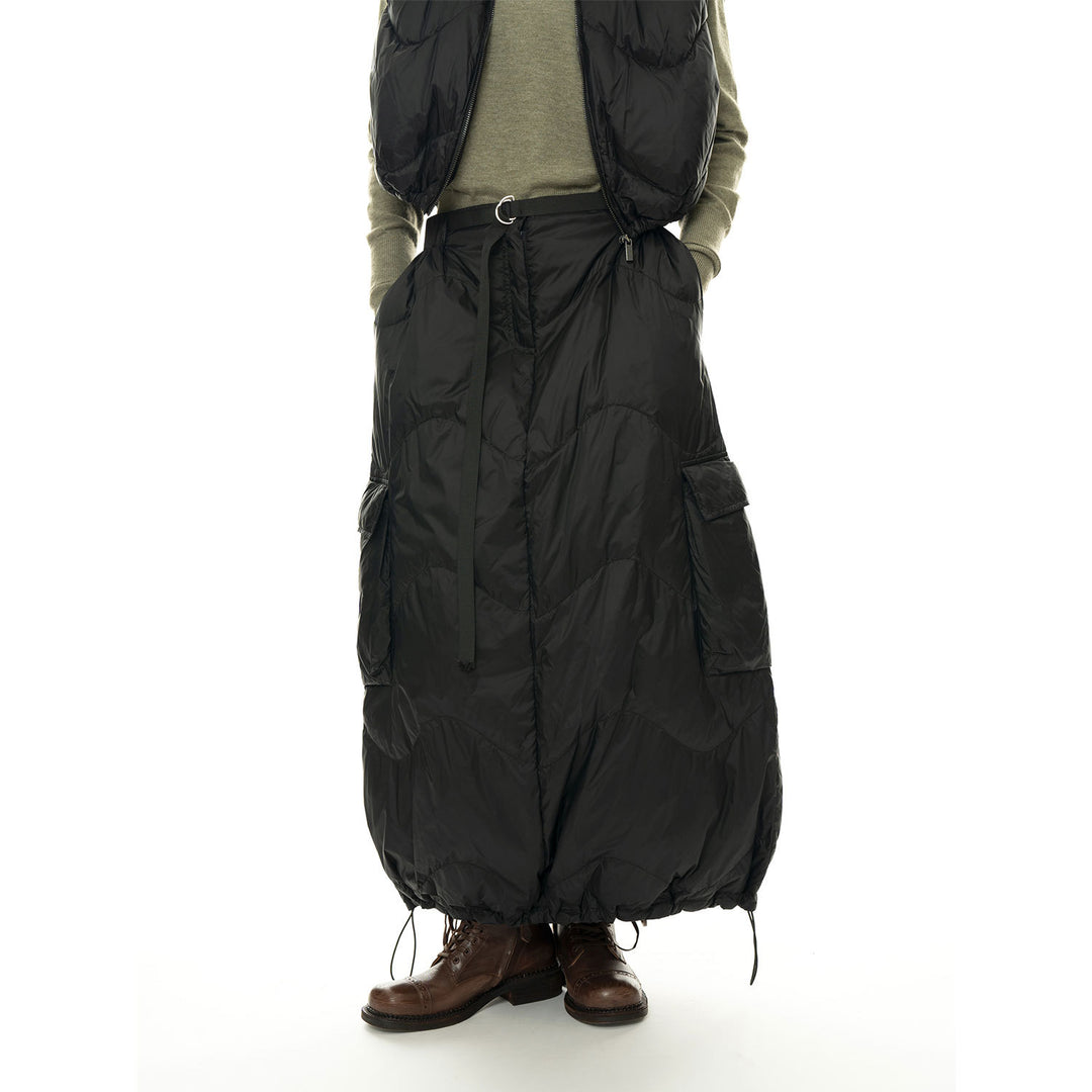 Women's Padded Quilted Midi Skirt with Cargo Pocket and Drawstring Mune Fashion