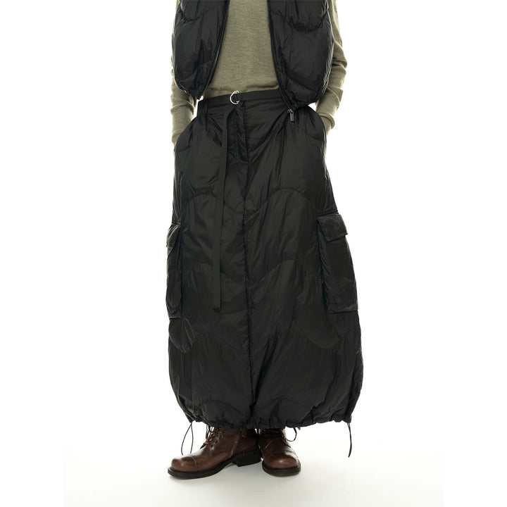 Women's Padded Quilted Midi Skirt with Cargo Pocket and Drawstring Mune Fashion