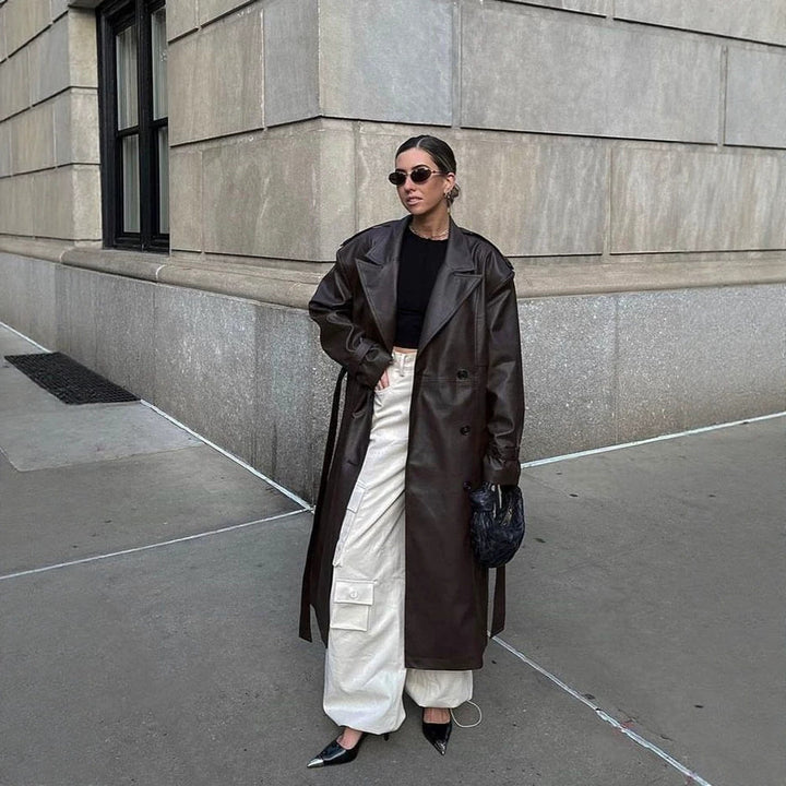 Ladies Maxilength Oversize Faux Leather Trench Coat with Wide Lapels and Waist Belt Mune Fashion