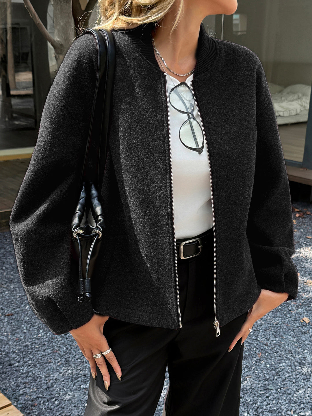 Women's lightweight fleece bomber jacket with stand-up collar, two-way zipper, and casual oversized fit Mune Fashion