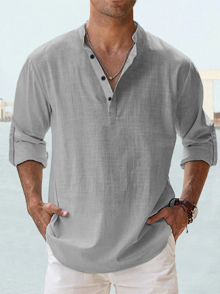 Men's nan casual linen henley shirt with stand-up collar, roll-up sleeves, and rounded hem Mune Fashion