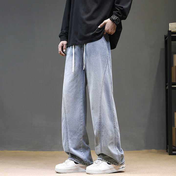 Men's Wide Denim Baggy Jeans with Drawstring Waist, Deep Crotch and Prominent Decorative Stitching Mune Fashion