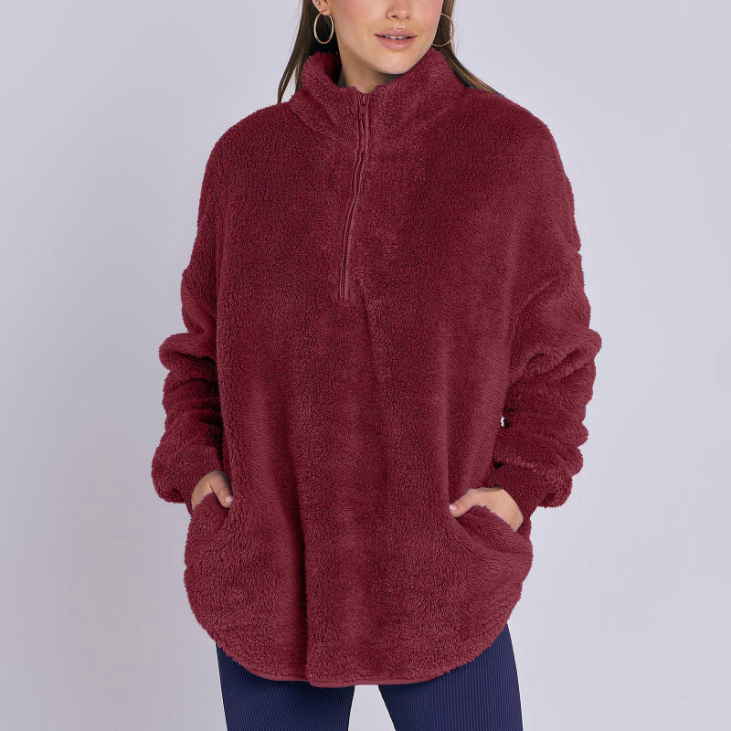 Women Fluffy Oversized Sherpa Pullover with Half Zip and Kangaroo Pockets Mune Fashion