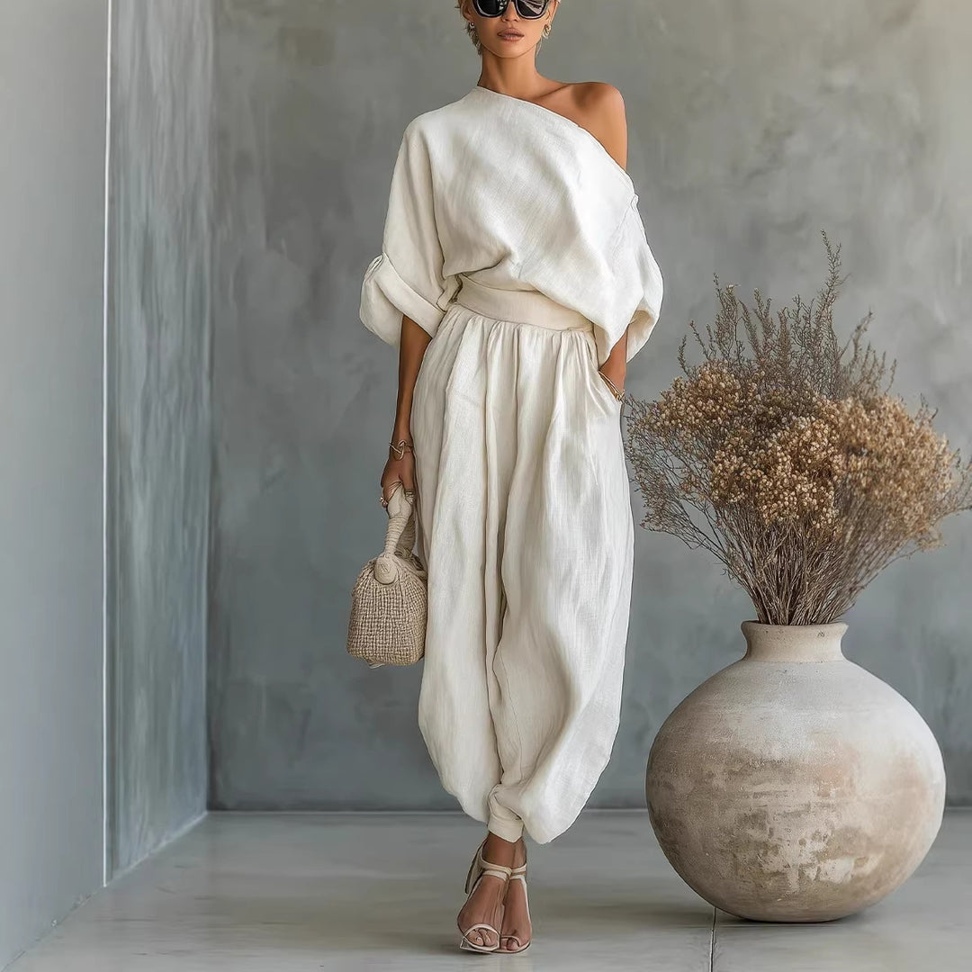 Women's Linen Set with One-Shoulder Top and Loose Harem Pants Mune Fashion