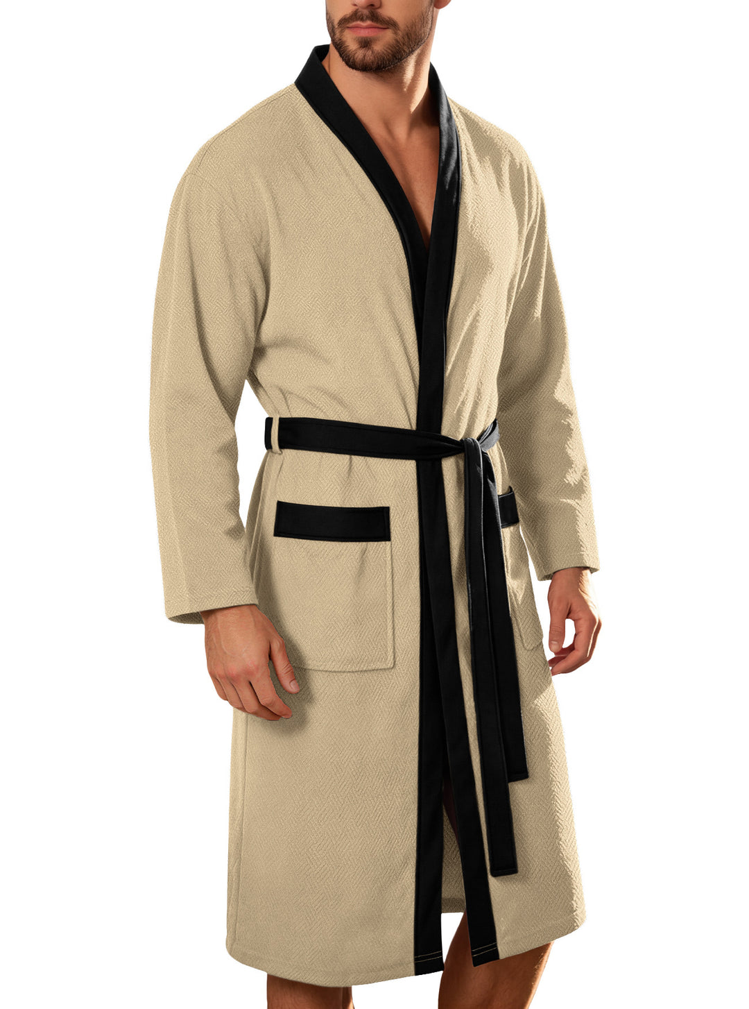 Men's lightweight cotton kimono bathrobe with waffle texture and patch pockets Mune Fashion
