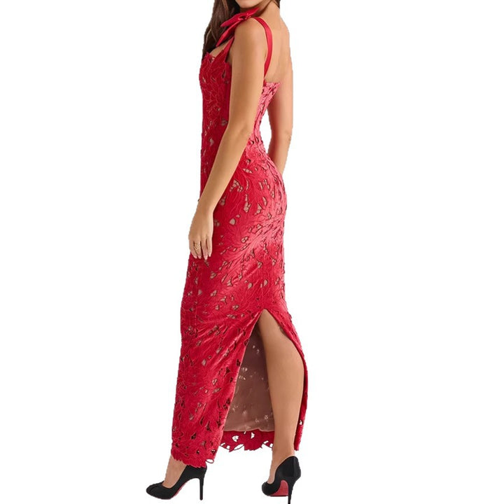 Women's form-fitting floor-length lace evening dress in column shape with decorative bow straps Mune Fashion